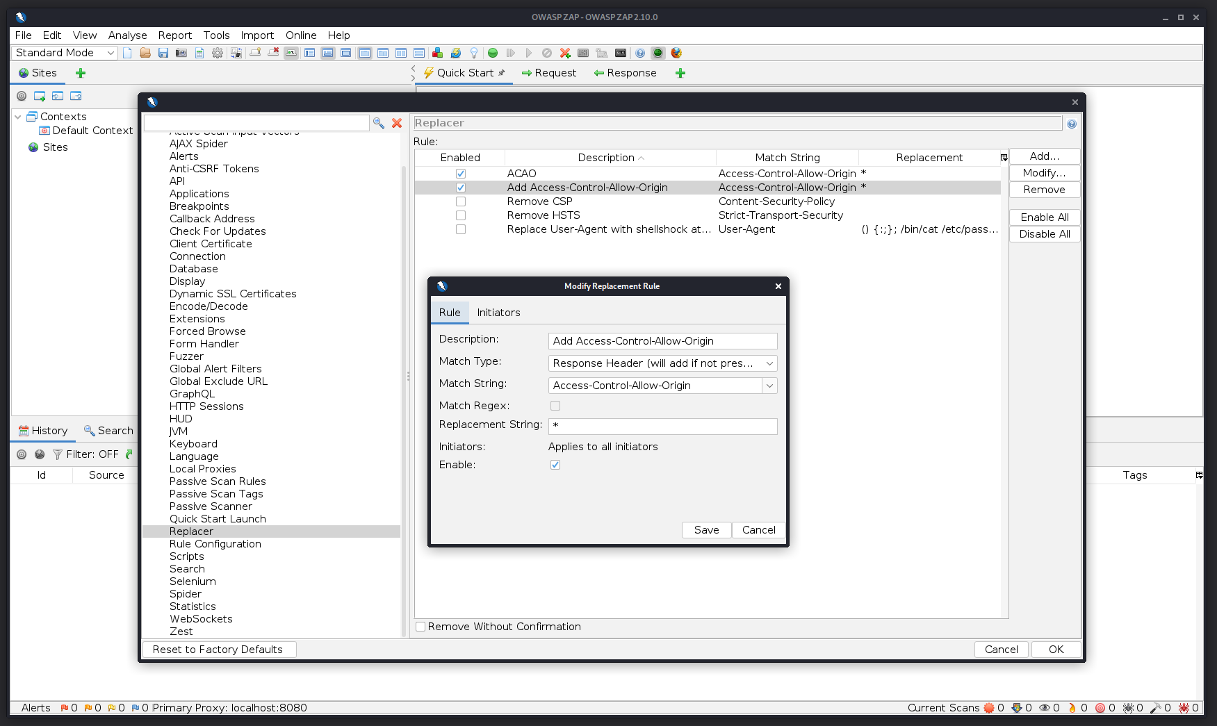 ZAP cors settings